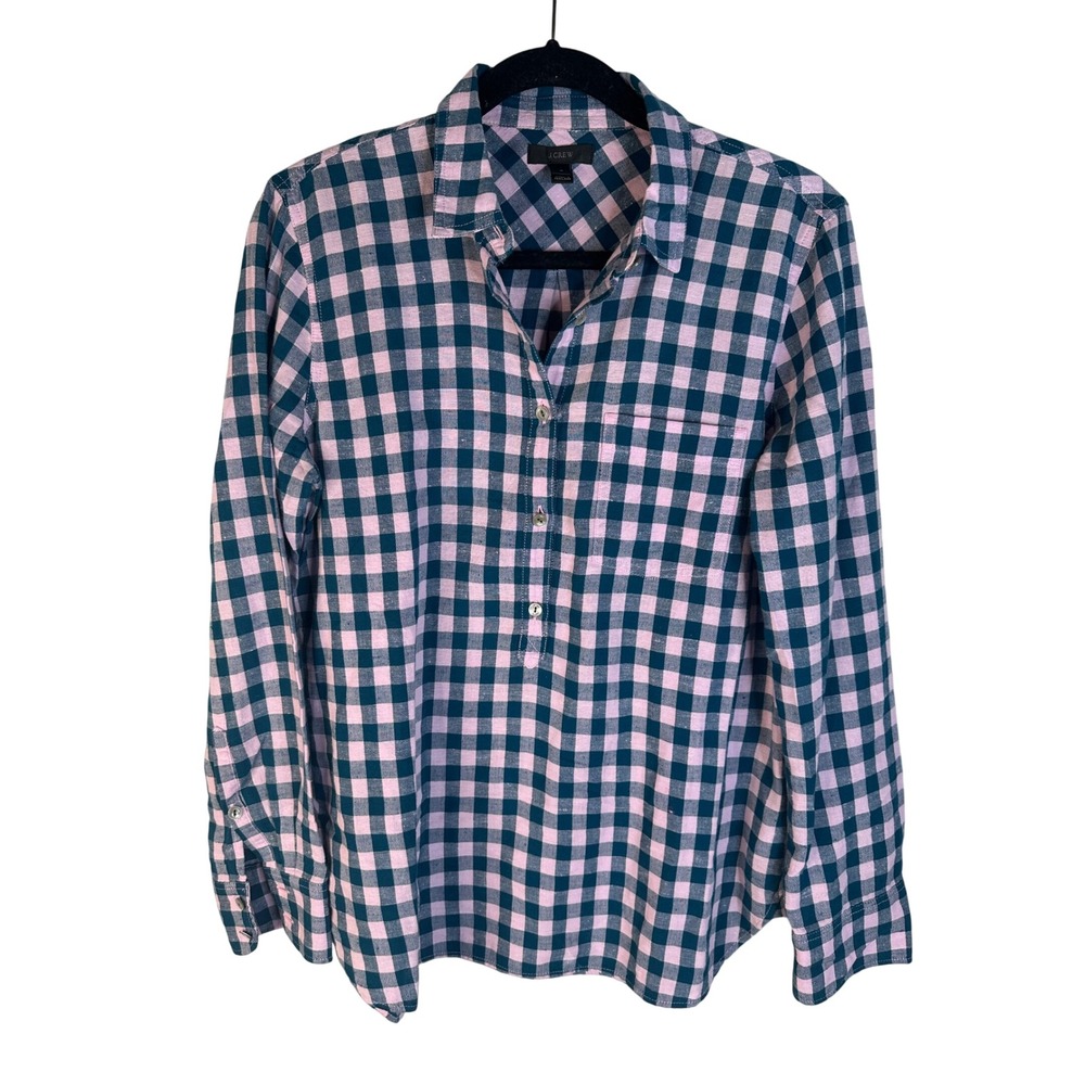 J.Crew Women's Pink Navy Gingham Classic Cotton Button Down Top Size 4